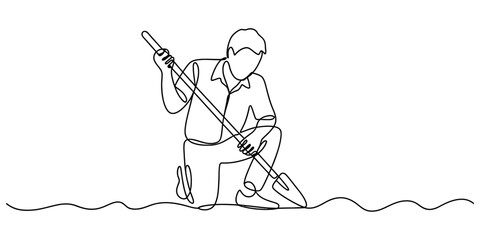 A continuous line drawing of a person kneeling on the ground while digging with a garden shovel Vector, illustration © Continues One Line D