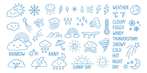 Obraz premium illustration weather set sun storm collection rain Doodle weather icons with hand draw cute sun and cloud. Sketchy line art rain and snow with scribble rainbow and storm. Outline vector signs 