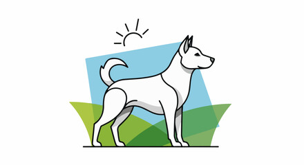 Fototapeta premium Minimalist illustration of a white dog with upright ears under a stylized sun