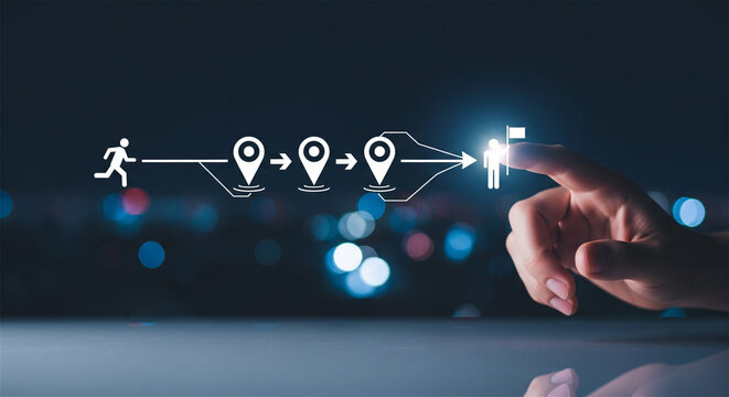 Strategic business roadmap with milestones, hand touching digital growth path and goal achievement icons, corporate planning and career journey concept