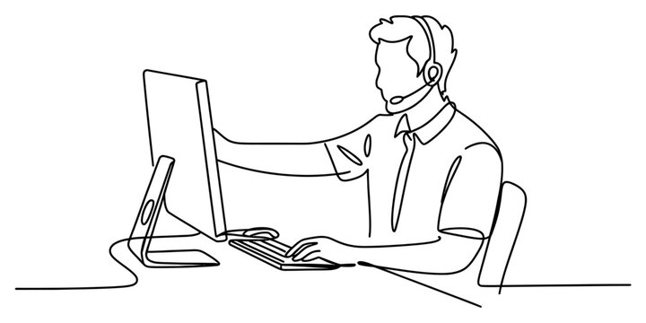 A single continuous line drawing of a customer service representative working on a computer setup. Vector, illustration