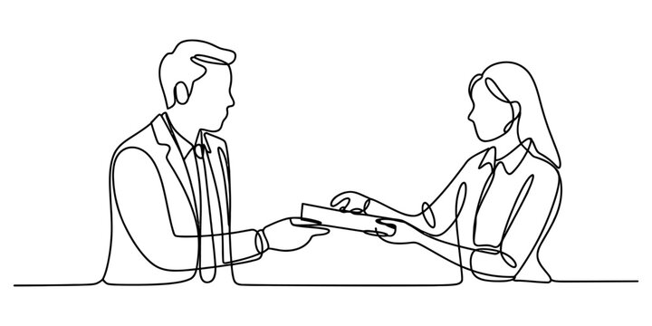 Continuous single line drawing of a man and a woman exchanging a document in a business setting. Vector, illustration