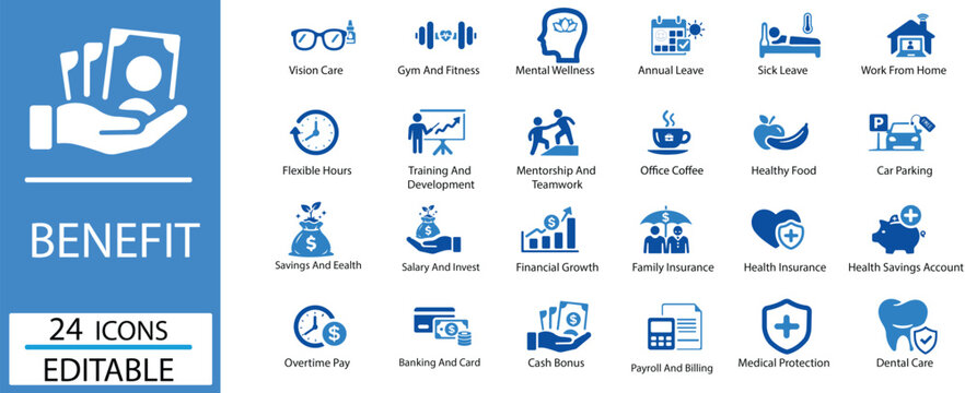 Employee Benefit Corporate HR Perks Vector Icon Set featuring Compensation,Perk, Wellness,Job, Insurance, Salary, Bonus, Health, Dental, Medical,Finance symbols.
