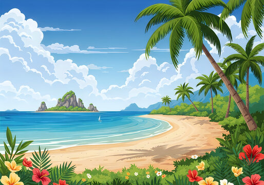 A pixel art image of a beach with palm trees and flowers