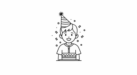 Fototapeta premium Happy child with birthday cake, wearing party hat, confetti falling