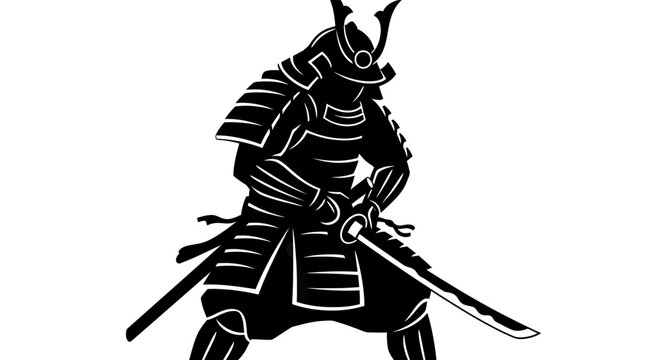 Japanese Samurai Warrior Silhouette in Traditional Armor with Katana Sword Vector