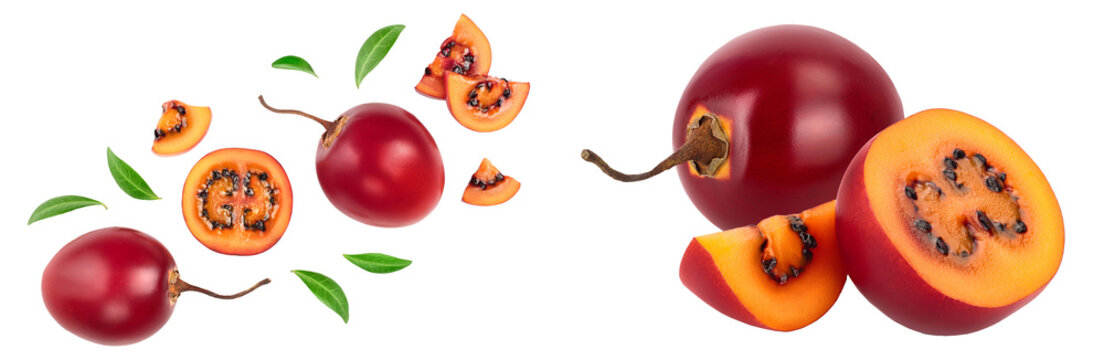 Fresh tamarillo fruit with leaves isolated on white background. Top view. Flat lay