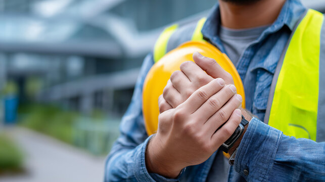 Factory worker injured or hurt at a job, workplace accident and safety awareness concept, defocused background, with copy space