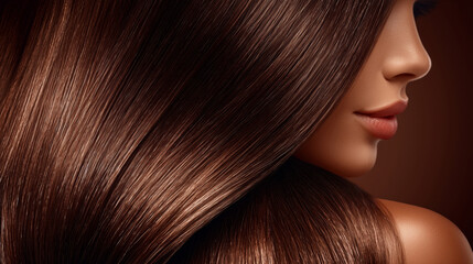 Fototapeta premium Woman with long straight brown hair. Healthy shiny hairstyle after beauty salon treatment. Professional care for smooth hair structure. Concept of cosmetic product for hair maintenance.