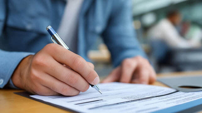 Faceless person filling up a work injury claim form, occupational safety documentation and legal claim concept, defocused background, with copy space