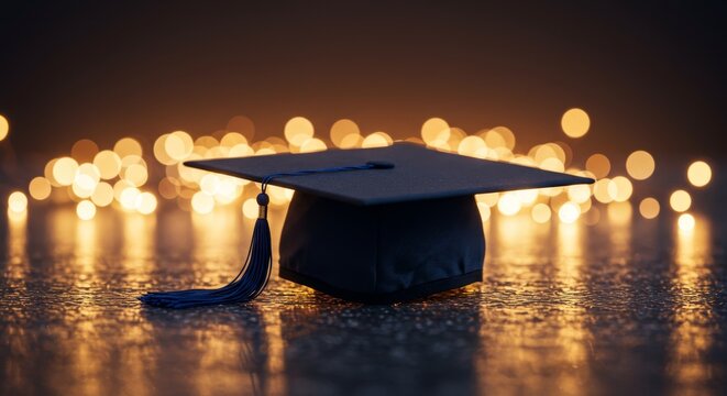 Graduation cap with tassel on dark surface against blurred glowing lights. Symbol of academic achievement and university education. Celebration of success, learning and high school degree.