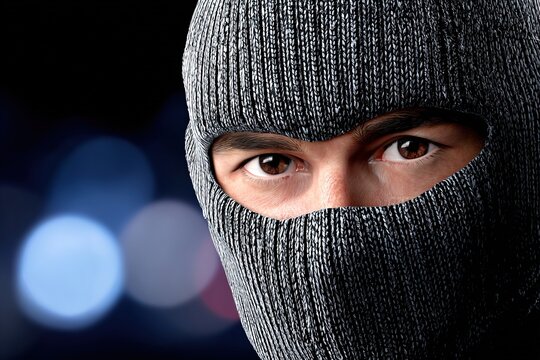 A person wearing a gray ski mask with a blurred background