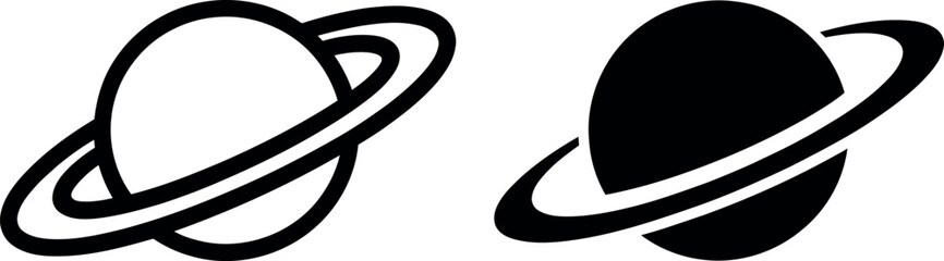 Simple black and white illustration of two planets with rings © Raton