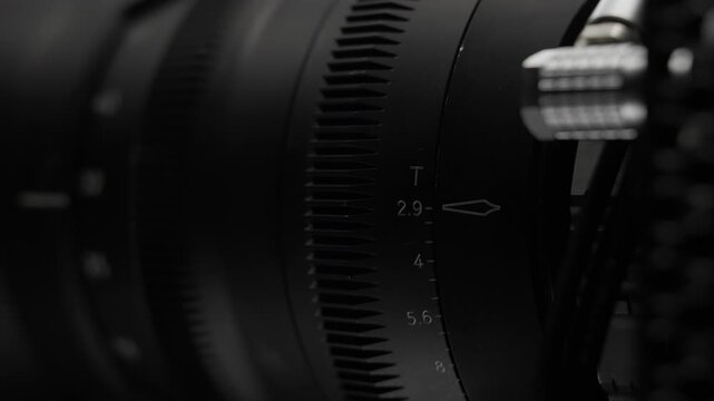 Cine lens iris ring opening wide close up detail
