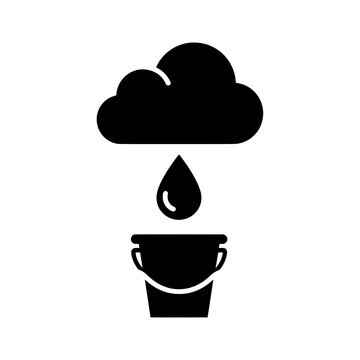 A simple black icon of a raincloud pouring water into a bucket