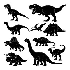 Collection of black dinosaur silhouettes featuring various prehistoric species, including theropods, sauropods, and flying reptiles, isolated on a light background. © YB14