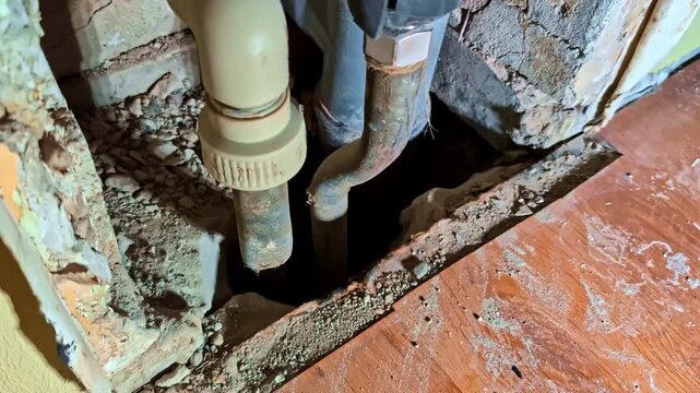 Exposed plumbing lines and floor cavity during wall pipe replacement in apartment