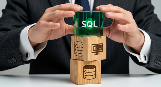 SQL database management concept, businessman stacking wooden blocks with server icons, structured query language data architecture