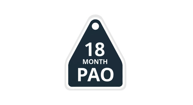 18 Month Period After Opening (PAO) symbol on a dark gray tag for cosmetic packaging labels, indicating product shelf life and expiration after opening for consumer safety.