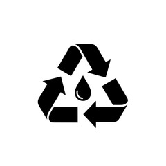Obraz premium A black recycling symbol with a water droplet on a white background