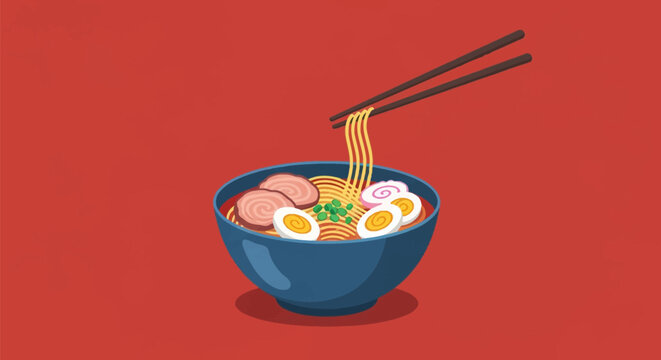 Vector illustration of a traditional Japanese ramen bowl featuring wheat noodles, sliced chashu pork, soft-boiled egg halves, narutomaki fish cake, and green onions on a red background.