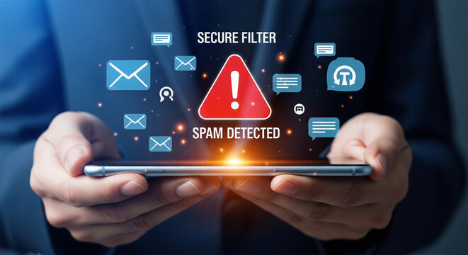 Cybersecurity spam detected warning on smartphone, secure filter email protection concept, mobile data privacy and phishing alert interface
