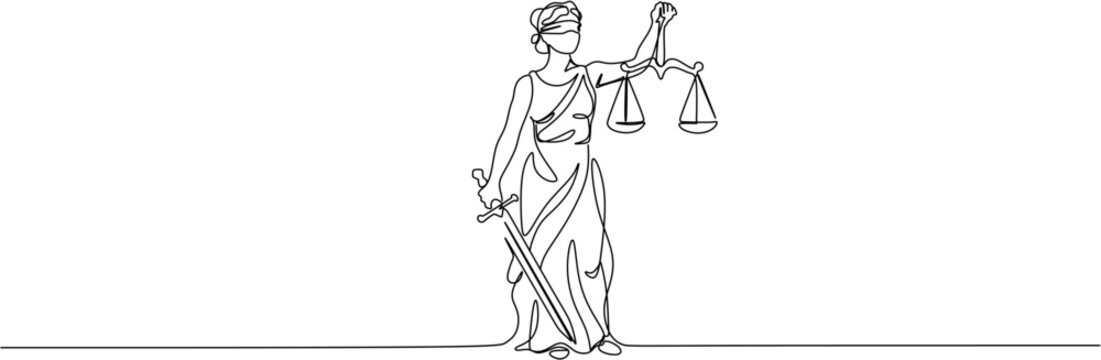 Continuous line aContinuous line drawing of Lady Justice holding scales and sword. Blindfolded Themis goddess of law and legal system minimalist illustration.rawing of La...