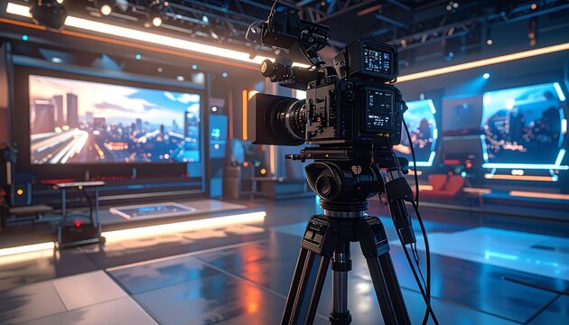 A professional video camera on a tripod in a modern broadcasting studio