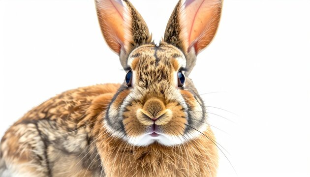 Close-up of a brown and tan rabbit, centered, with large ears and inquisitive eyes