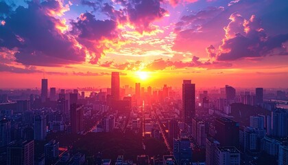 Obraz premium Urban cityscape bathed in vibrant sunset hues, silhouetting buildings against a fiery sky