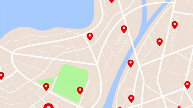 4K UHD Animated city map with location pins and navigation routes. Modern GPS tracking concept for smart city