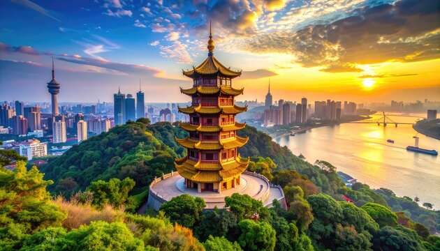 The iconic Three Gorges Museum pagoda stands proudly atop a lush green hill overlooking the sprawling cityscape of Chongqing, China, bathed in the warm glow of a vibrant sunset.