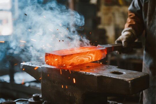 Blacksmith forging hot metal on an anvil with sparks flying