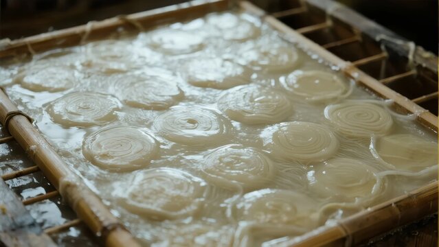 Traditional handmade paper pulp arranged in circular patterns on a bamboo screen during the papermaking process