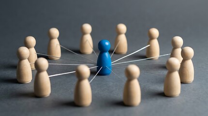 Obraz premium Connected team management concept represented by wooden figures with a central blue figure linked to others in a circle