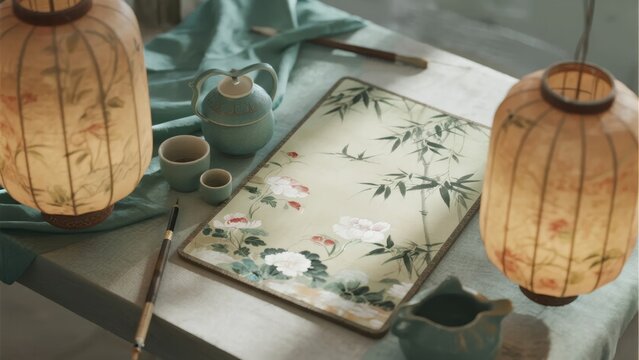 Traditional East Asian tea set and calligraphy tools arranged on a table with lanterns and floral artwork