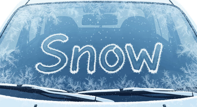 Vector illustration of a car windshield covered in intricate frost patterns and ice crystals with the word Snow written on the glass, showing wipers and interior vehicle seats.