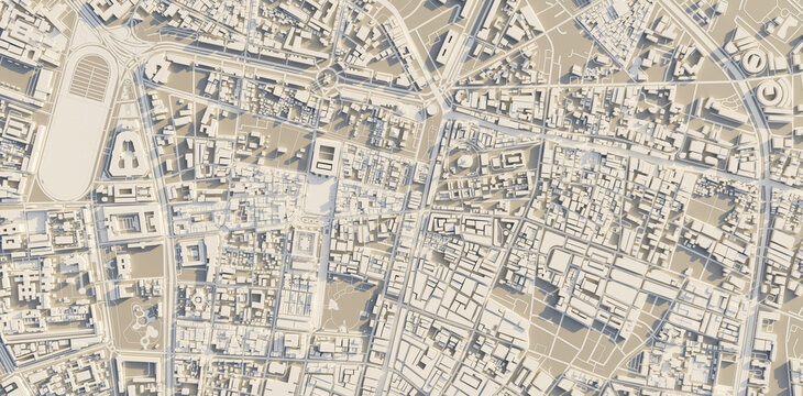 3D rendering map of Bangkok cityscape. 3D illustration of a top view of Bangkok, Thailand.