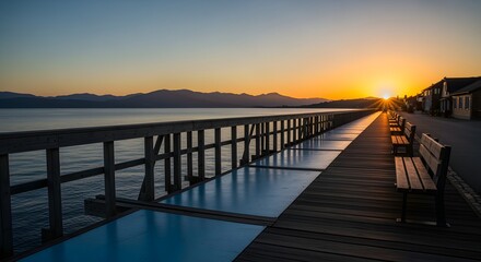 Obraz premium Sunset over the pier with benches and calm water reflecting the skys colors.