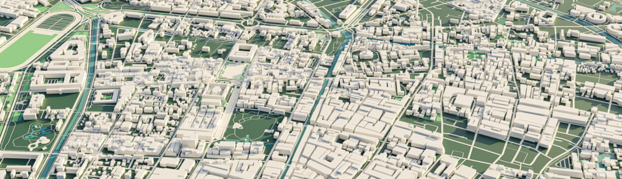 3D rendering map of Bangkok cityscape. 3D illustration of an aerial view of Bangkok, Thailand.