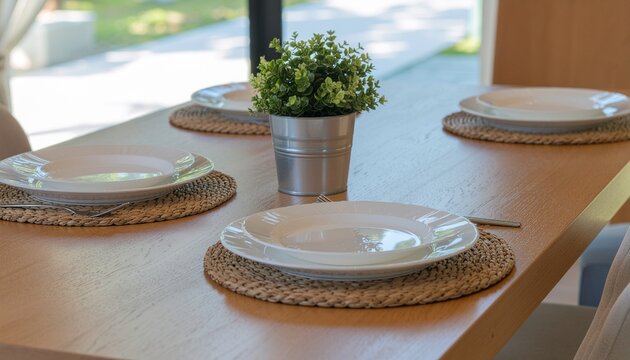 Minimalist dining table setup with warm ambient lighting, ceramic plates, wooden furniture, and cozy indoor atmosphere, perfect for modern home interior and lifestyle concepts.