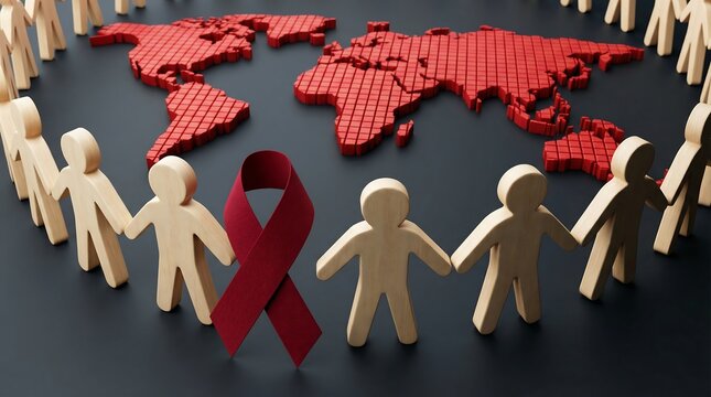 Global aids awareness miniature figures surround a map of the world with a red ribbon symbolizing the fight against hiv aids