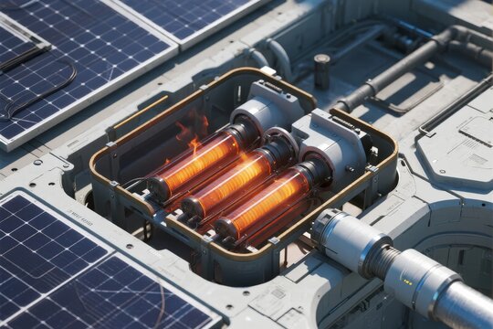Close-up of glowing energy cells on a solar-powered platform with integrated piping and panels