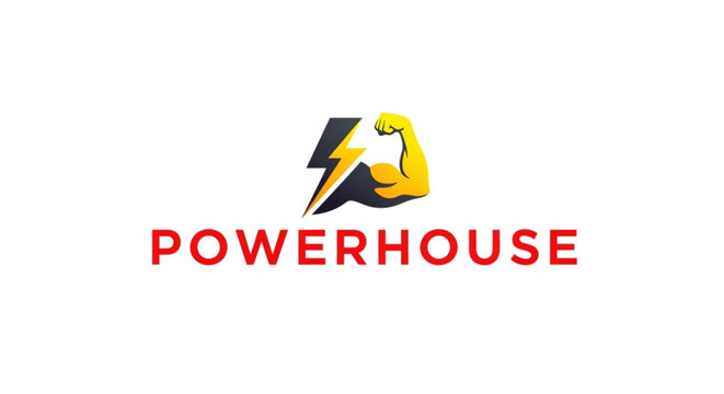 Bold yellow flexed arm with lightning bolt logo on red powerhouse text