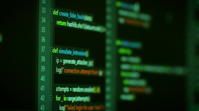 Close up computer monitors displaying fictional programming code and software development interface, technology workspace concept