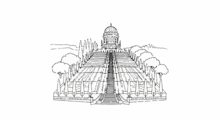 Fototapeta premium Majestic terraced gardens lead to a grand domed building with surrounding trees