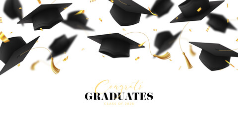 Plakat Falling Graduation Caps And Golden Confetti. Realistic vector 3d graduation caps, golden confetti on light background. Decorative template for design of graduation in college, school, university.