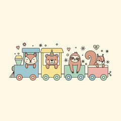 Naklejka premium Cute Forest Animals on a Toy Train Vector Illustration, Featuring Fox, Bear with Party Hat, Sloth, and Squirrel for Nursery and Kids Design