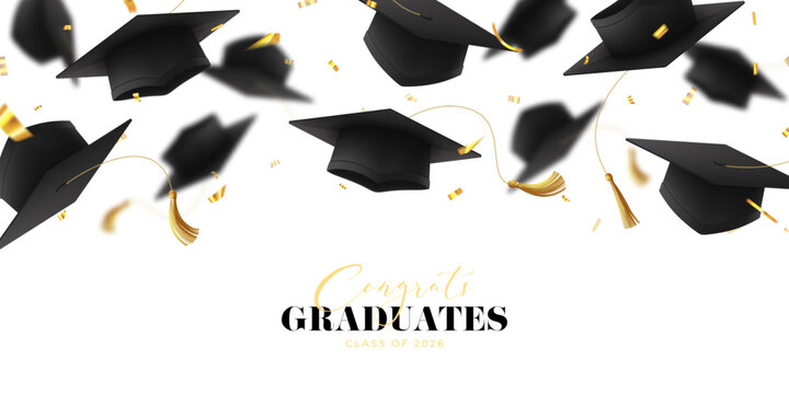 Falling Graduation Caps And Golden Confetti. Realistic vector  3d graduation caps, golden confetti on light background. Decorative template for design of graduation in college, school, university.