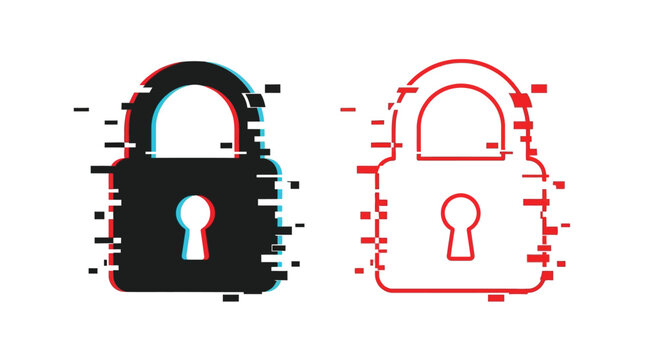 Glitch effect applied to a black and red padlock icon illustration